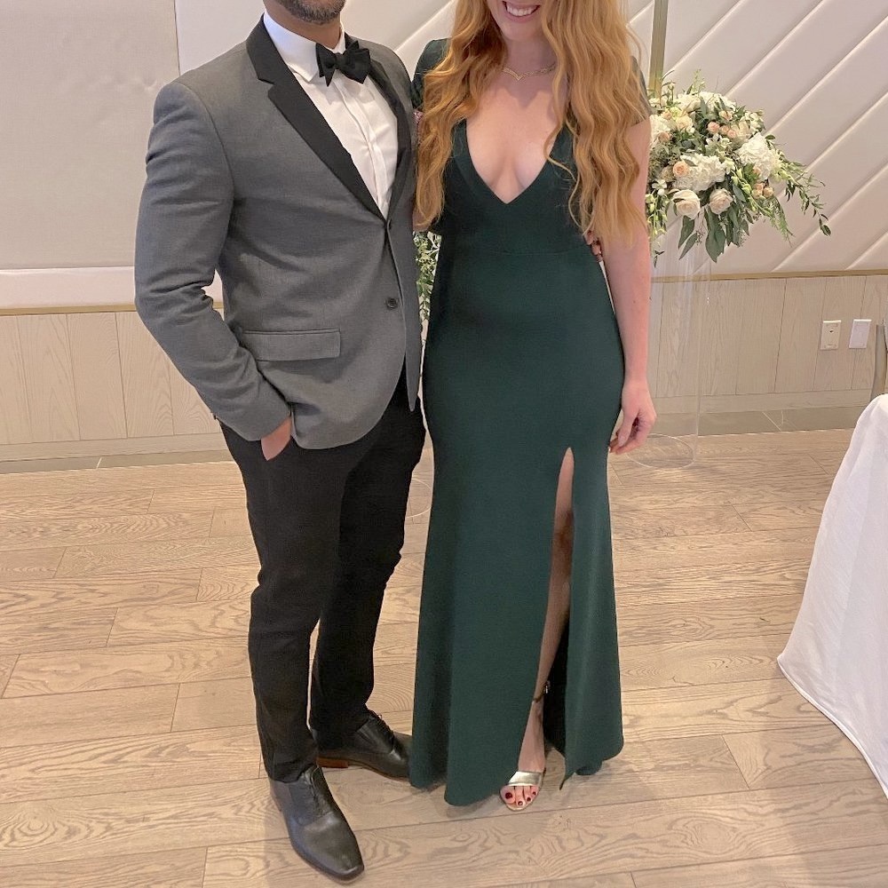 B Darlin Long Green V-Neck Dress with Front Slit